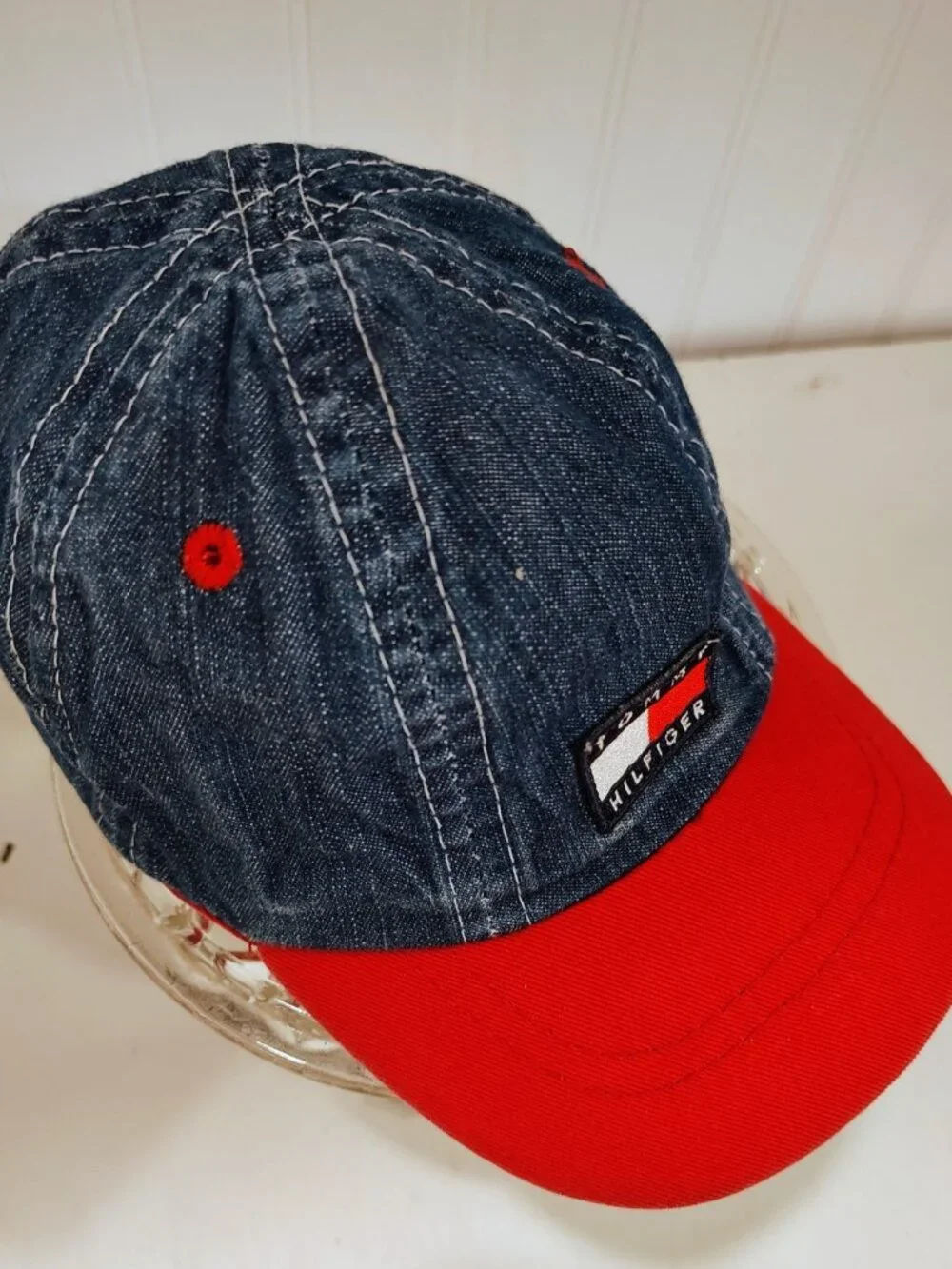 Vintage 1990s TOMMY HILFIGER Blue/Red Denim Cap For Infant/Toddler Hat EUC